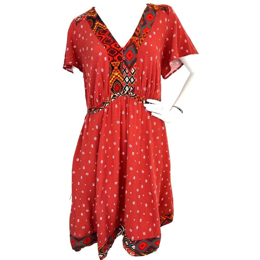 Torrid Southwest Print Border Skater Dress V-Neck Boho Geometric Sz 00 M L EUC